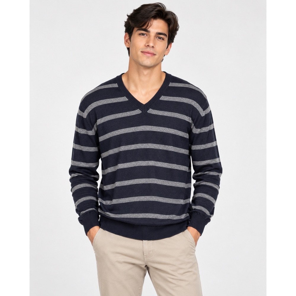 Cremieux Classics Mens XXL V-Neck Sweater Navy Gray Striped Cotton Silk Knit